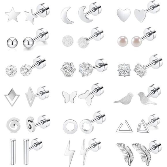 18 Pairs Stainless Steel Stud Earrings Set for Women Men Star Moon - Picture 1 of 12
